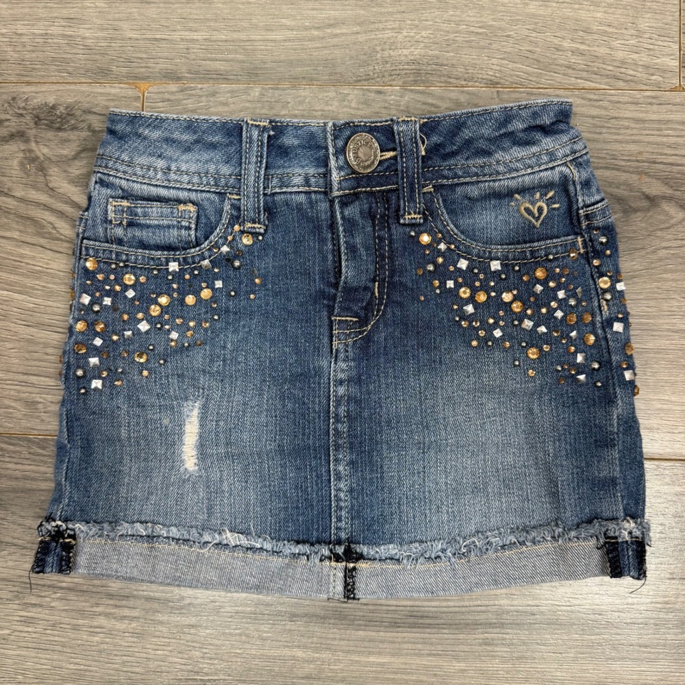 Y2K Justice Denim Mini Skirt Girls 7S Rhinestone Studded Bling Frayed Hem - Picture 1 of 14